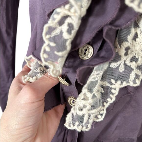 Dismero Italian Women’s Purple Crochet Lace Ruffle Button Down 3/4 Sleeve Top - Picture 15 of 15